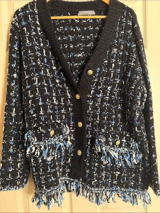Anthropologie Sweaters - Anthropologie Black Tweed Cardigan with Blue and White Accents